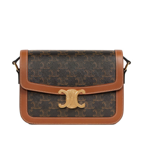 CELINE/赛琳 经典TRIOMPHE系列 女士中号凯旋帆布黄褐色小牛皮饰边金扣斜挎单肩包191242BZ4.04LU
