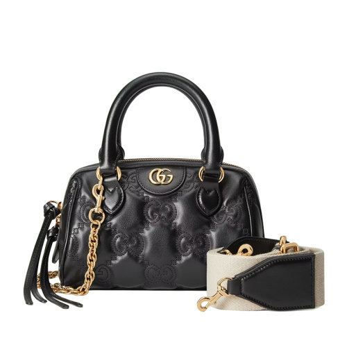 GUCCI/古驰 22新款 女士黑色GG压纹绗缝皮革金色双G标志拉链开合单肩手提包702251UM8HG1046