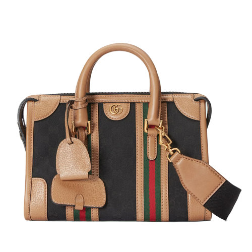 GUCCI/古驰 22新款Exquisite系列 女士小号黑色帆布配浅棕色皮革金扣饰红绿织细节拉链开合单肩手提包715772FAARB1041