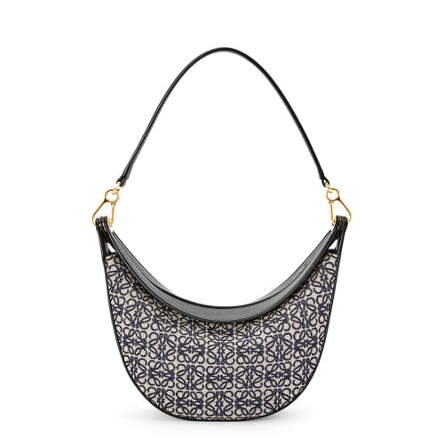 LOEWE/罗意威 22新款Luna系列 女士小号海军蓝/黑色老花织物皮革饰边半月形流浪包单肩手提腋下包A923PM1X02-5938