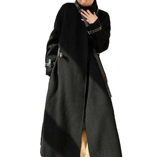 GeleiStory/GeleiStory2022秋冬新款双面羊绒大衣女压轴拼皮中长款慵懒高贵风毛呢大衣女女士大衣