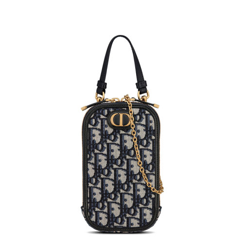 DIOR/迪奥 22春夏新款30 MONTAIGNE系列 女士蓝色老花织物黑色皮革滚边金扣金链单肩斜跨手提蒙田手机包S2114UTZQ_M928