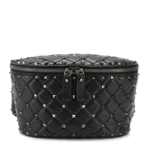 Valentino/华伦天奴 女士黑色菱格绗缝皮革经典铆钉装饰双向拉链开合腰包女包 RW2B0B45-ARD-0NO
