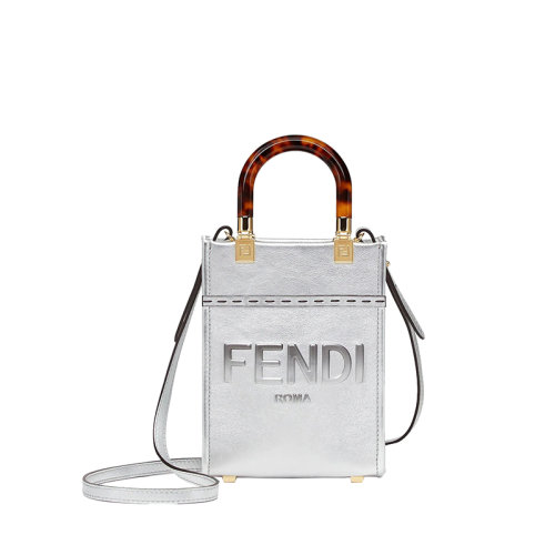 FENDI/芬迪 22春夏新款Sunshine系列 女士迷你银色层压小牛皮徽标双提手提包单肩包8BS051AJH7F0RXT