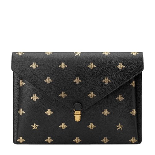 GUCCI 古驰 男士金色蜜蜂星星印花黑色牛皮公文包手拿包