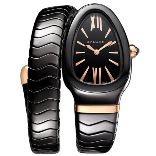 BVLGARI/宝格丽 黑色陶瓷表壳和螺旋表带 镶有18K金玫瑰金元素 黑色烤漆表盘 SERPENTI SPIGA石英手表 35毫米102734