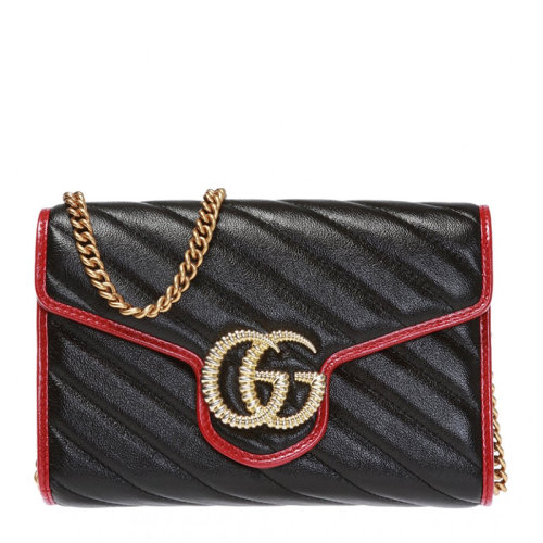 GUCCI/古驰 Marmont系列女士黑色皮革复古风格斜纹绗缝金属徽标斜挎包单肩包链条包女包 573807-0OLFX-8277