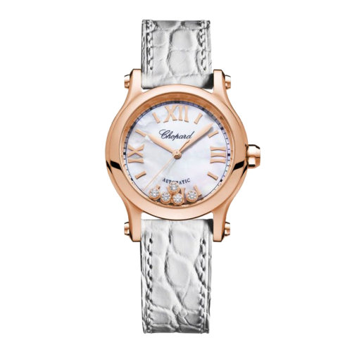  Chopard/萧邦  Happy Sport系列 自动机械表玫瑰金表壳白鳄鱼皮表带带钻表盘女表30毫米274893-5009