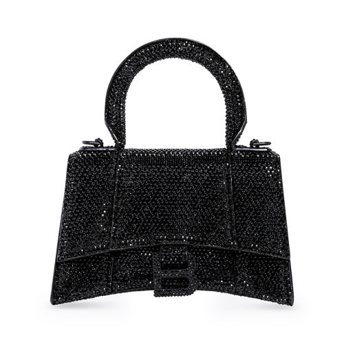 Balenciaga/巴黎世家 22秋冬新款 HOURGLASS MODEL XS系列 女士黑色绒面小牛皮水钻旧银色饰面拆卸调节肩带水钻标志铆钉磁扣肩背手提包59283328D071071