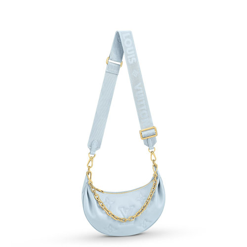 Louis Vuitton/路易威登 22春夏新款Over The Moon系列 女士冰蓝色老花压纹牛皮革金扣金链单肩斜挎手提月亮包 M59825