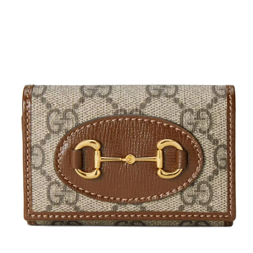 GUCCI/古驰 Horsebit 1955系列 女士米色/乌木色GG Supreme帆布棕色皮革滚边金色调配件折叠钥匙包67178592TCG8563