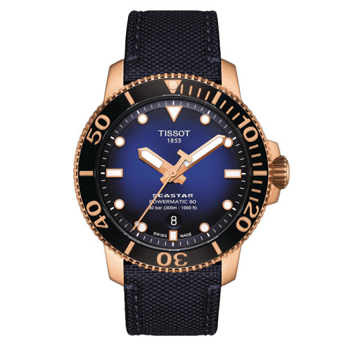 TISSOT/天梭 海星潜水1000系列 男士渐变蓝表盘自动机械机芯尼龙表带和玫瑰金PVD不锈钢表壳腕表43毫米T120.407.37.041.00