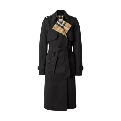 BURBERRY/博柏利      女士黑色格纹裁片棉质嘎巴甸Trench风衣80446781