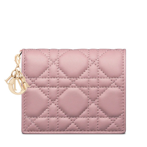 DIOR/迪奥 22新款LADY DIOR系列 女士迷你老粉色藤格纹小羊皮饰徽标字母金扣吊饰翻盖/拉链开合多卡槽卡包钱包S0178ONMJ_M77P