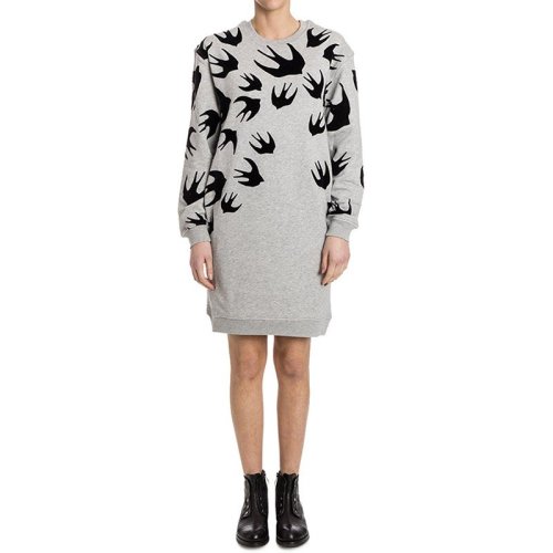 Alexander McQueen/亚历山大麦昆 浅灰棉质燕子图案印花长袖女士连衣裙