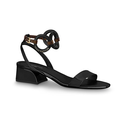 Louis Vuitton/路易威登 22年秋冬新款 VEDETTE系列 女士黑色漆面牛皮革帆布饰带方跟凉鞋1AA1AP