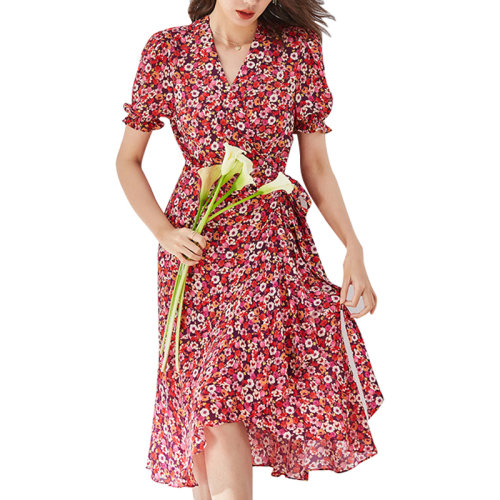 GeleiStory/GeleiStory  春夏新款荷叶边DV轻熟修身显瘦人丝碎花连衣裙裹身系带茶歇裙  女装＞女士裙装＞女士连衣裙