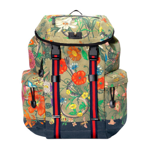 GUCCI/古驰 男士多色拼色帆布经典字母徽标花鸟蛇图案印花装饰双肩包手提包旅行包背包男包 429037-9LNAX-3774