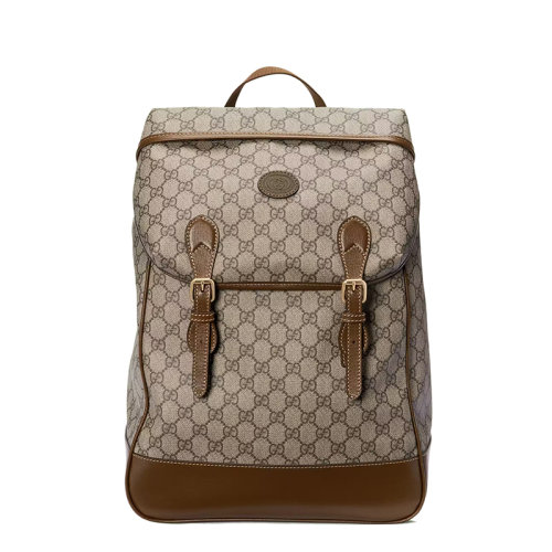 GUCCI/古驰 22春夏新款 男女同款经典老花帆布棕色皮革滚边翻盖搭扣开合双肩包背包69601397S9G8405