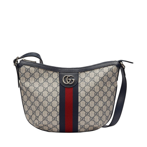 GUCCI/古驰 22春夏新款Ophidia系列 男士小号米色/蓝色老花帆布配皮革红蓝织带银扣单肩饺子包5981252ZGMN4076