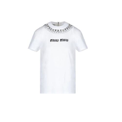  Miu Miu/缪缪 女士白色棉质短袖T恤 MJN329 1Z3K F0009 PLFSX