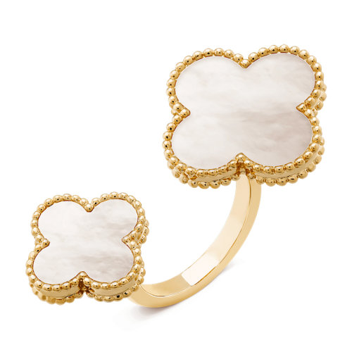 Van Cleef & Arpels/梵克雅宝 经典Magic Alhambra系列 18k金黄金白色珍珠母贝四叶草开口戒指/指环VCARN05500