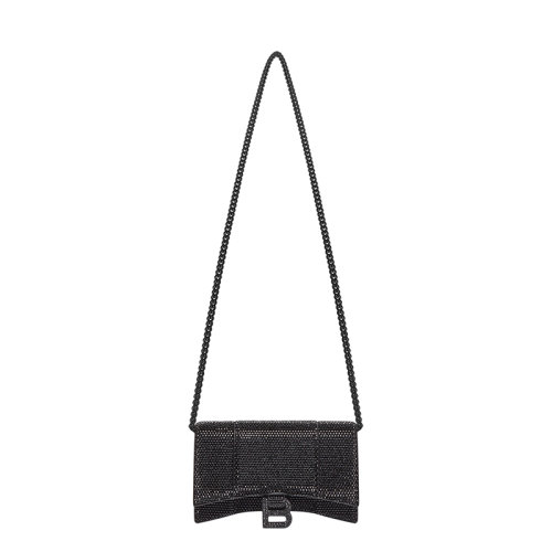 Balenciaga/巴黎世家 22新款HOURGLASS系列 女士黑色绒面小牛皮镶嵌水钻链条单肩斜挎手拿沙漏钱包65605028D071071