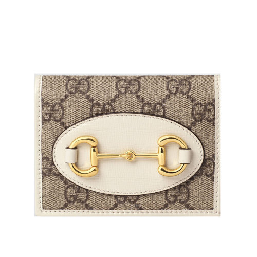  GUCCI/古驰 2020春夏新款 1955系列 经典老花帆布拼接白色皮革饰马蹄扣对折钱包  62188792TCG