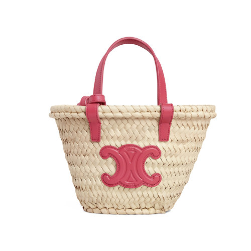 CELINE/赛琳 22新款TRIOMPHE限定七夕胶囊系列 女士nano原色棕榈叶配口红色小牛皮细节单肩斜跨手工编织篮子包10J392EH6.27LK