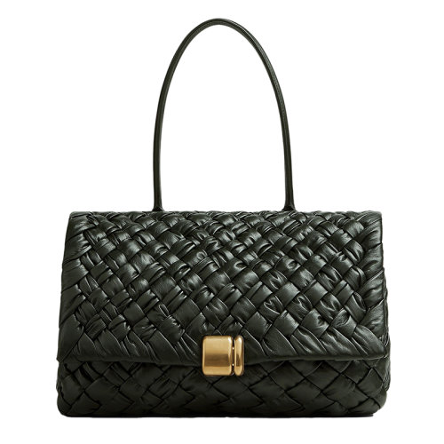 Bottega Veneta/葆蝶家 22新款 女士中号深绿色小牛皮饰有Intreccio图案金属搭扣翻盖开合单肩手提包717581V2BJ13002
