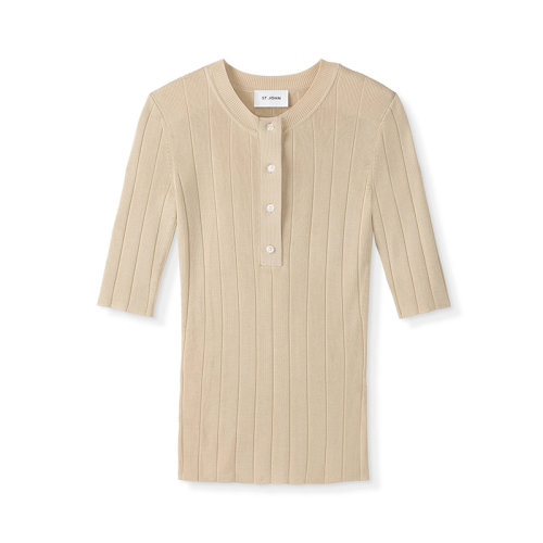 St.John/盛蔷21早秋百搭圆领紧身针织短袖打底衫女士短袖T恤K514091