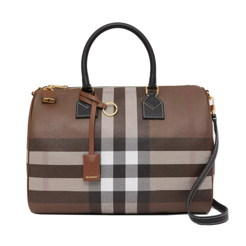 BURBERRY/博柏利 22新款 女士中号深棕色格纹皮革拉链开合皮革手柄拆卸调节肩带斜挎单肩手提保龄球包80523481