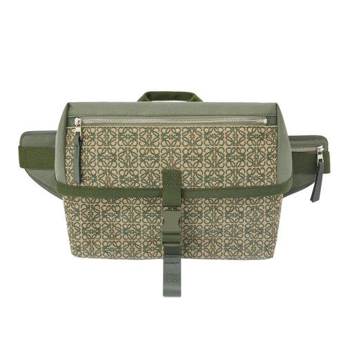 LOEWE/罗意威 22年新款 Postman Sling系列 男士卡其绿提花帆布翻盖金属搭扣拉链开合肩背斜挎背包B741Z67X01-4160