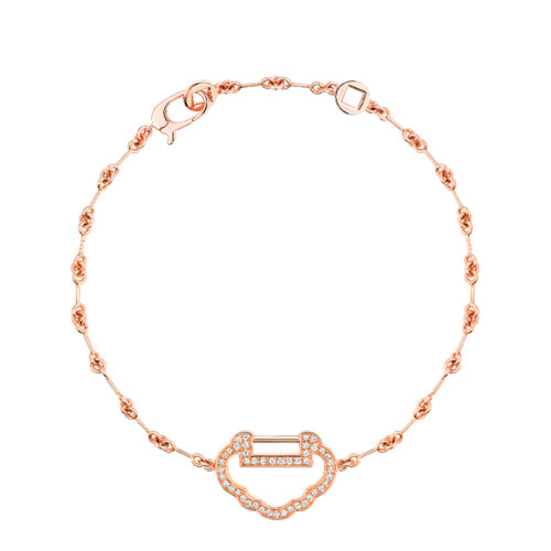 QEELIN/麒麟珠宝 YUYI系列 18K金玫瑰金镶嵌钻石小号镂空如意形状链环手链YY-030-OBL-RGD