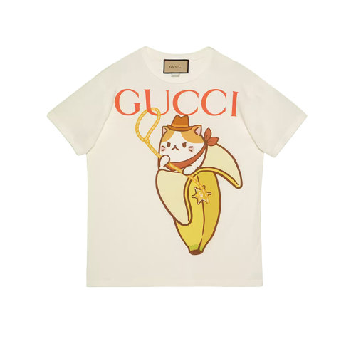 GUCCI/古驰 22年秋冬新款 爱的进行曲系列 女士白色纯棉Bananya香蕉喵印花短袖T恤615044XJD829095