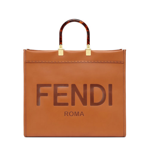 FENDI/芬迪 20 树脂玳瑁纹手柄棕色皮革手提托特包购物包 8BH372ABVLF0PWZ