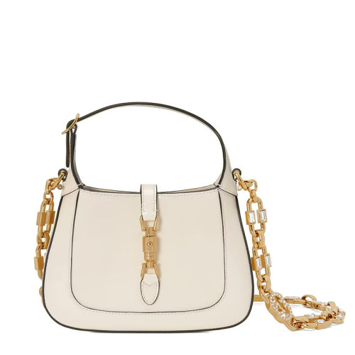 GUCCI/古驰 22新款Jackie 1961系列 女士迷你白色漆皮金扣配水晶互扣式双G可拆卸链式肩带单肩斜跨手提包6996511J7CG9067