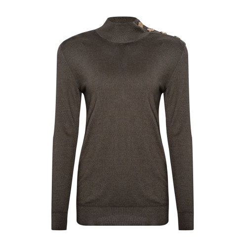 Balmain/巴尔曼 卡其色 女士金属扣饰高领针织衫毛衣 UF03235K194  秋冬