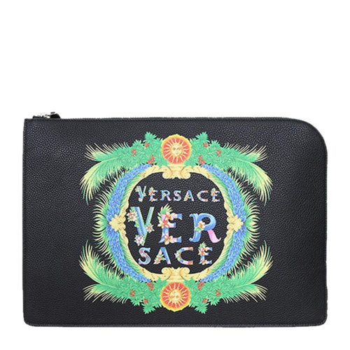 VERSACE/范思哲 男士黑色纹理小牛皮彩色字母徽标印花装饰拉链开合钱夹钱包卡包手拿包男包 DL26137-DVSIG-D41MP