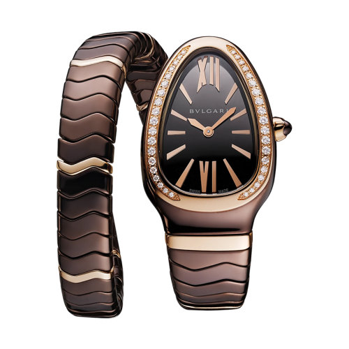 BVLGARI/宝格丽 镶有钻石的18K金玫瑰金表圈和棕色陶瓷表带和表带 棕色表盘 Serpenti Spiga螺旋形石英手表 35毫米 103060