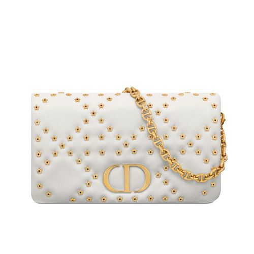 DIOR/迪奥 22新款DIOR CARO系列 女士白色星型图案藤格纹绗缝小牛皮CD金扣单肩斜跨手拿链条包S5135UNHH_M030