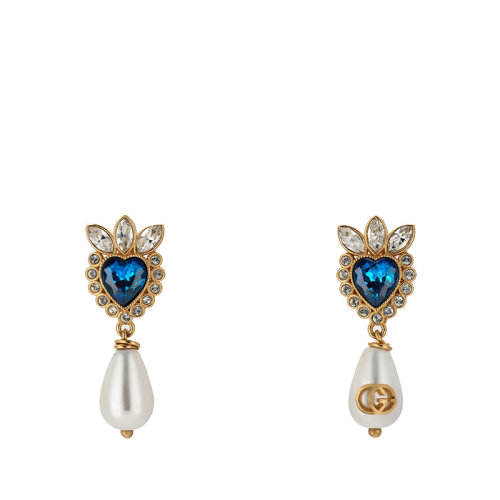 GUCCI/古驰 金色金属透明水晶和蓝色心形多面水晶耳环661376I63258520