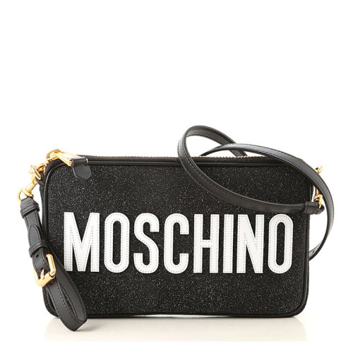 MOSCHINO/莫斯奇诺 女士黑色闪亮小牛皮经典字母徽标印花拉链开合单肩包斜挎包手拿包女包 A7466-8008-2555