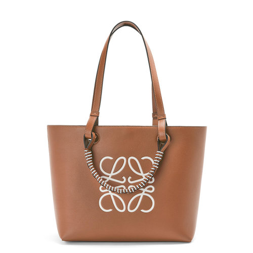 LOEWE/罗意威 20  Anagram Tote系列 女士小号棕褐/柔白色小牛皮徽标印花单肩手提托特包0010594083