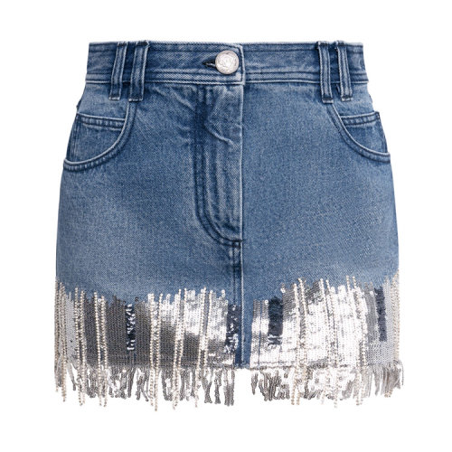 Balmain/巴尔曼 蓝色 女士流苏装饰牛仔短裙 TF14016D010  春夏