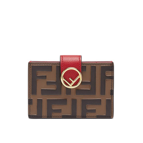 FENDI/芬迪 F is Fendi系列 女士红色/棕色小牛皮锤纹皮革手绘浮雕FF图案卡片夹8M0301AAIIF13VJ
