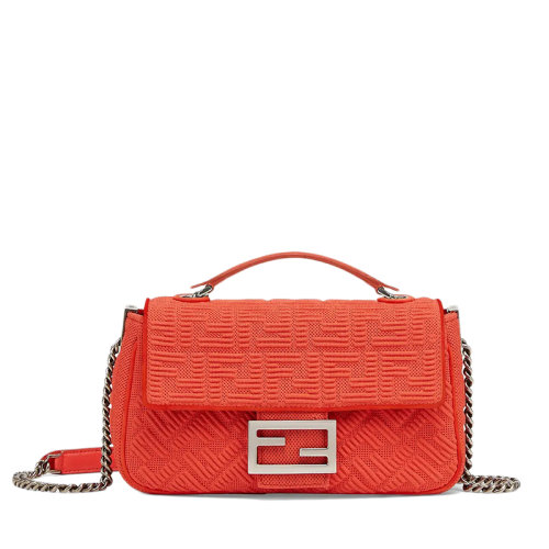 FENDI/芬迪 BAGUETTE系列 女士红色FF图案布料复古银色金属FF搭扣单肩斜挎链条法棍包8BR793AHW5F1F2I