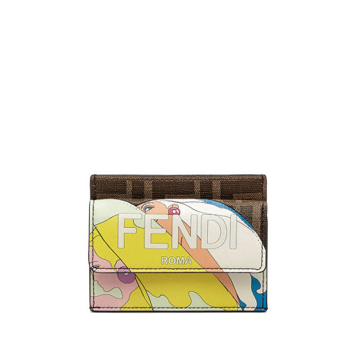 FENDI/芬迪 22春夏新款 女士棕色织物三槽零钱袋FF女孩插画卡夹8M0423AK5ZF1HB5