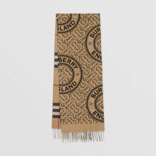 BURBERRY 21年秋冬 女士 双面两用格纹拼专属标识羊绒围巾 80452381 预定商品1-3周发货