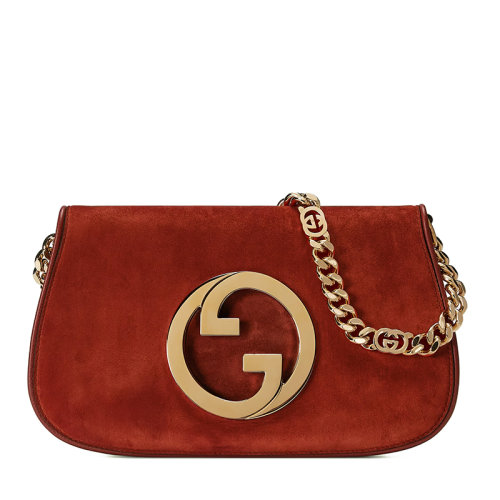 GUCCI/古驰 22新款Blondie系列 女士小号宝石红色绒面革圆形徽标金扣金链单肩斜挎链条包?69926817IPG6720